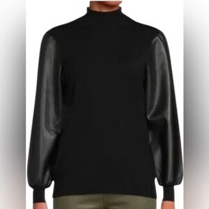 NWT Sioni Milano Black LeatherPuff Sleeve Sweater Top